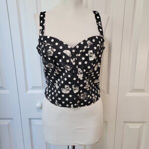 HOT TOPIC Black White Skull Rose Polka Dot Button Cropped Tank Top sz XL Pin-Up